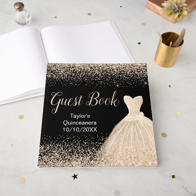 Livro De Visitas Champagne White Dress Faux Glitter Quinceanera (Frente aberta)