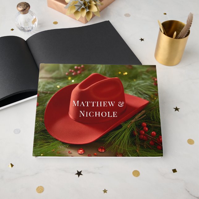 Livro De Visitas Chapéu de Cowboy Vermelho de Natal Casamento (Frente aberta)