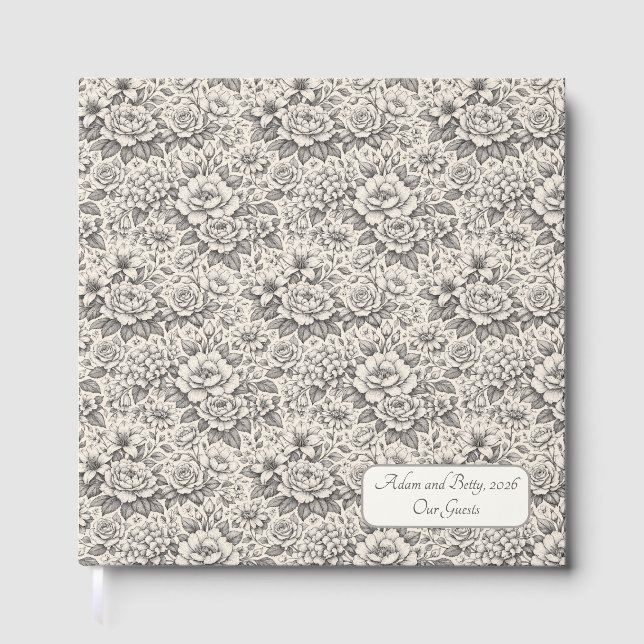 Livro De Visitas Charcoal Black and White Etched Flowers Classic (Frente)