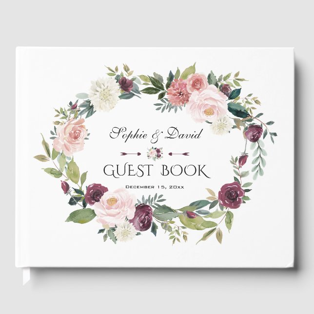 Livro De Visitas Charm Burgundy Blush Ivory Floral Wreath Casamento (Frente)