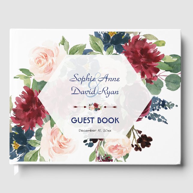 Livro De Visitas Charm Burgundy Floral Hexagon Casamento (Frente)