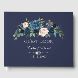 Livro De Visitas Charm Marinho Blue Blush Flowers Bloom Casamento