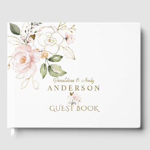 Livro De Visitas Charm Pink Blush Dourado Flores Casamento Monogram