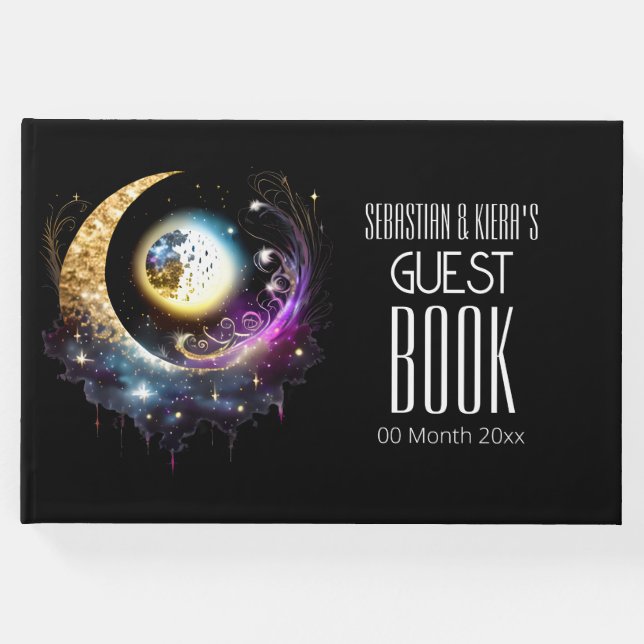 Livro De Visitas Cheio lua celestial magenta negra estrelada noite  (Frente)
