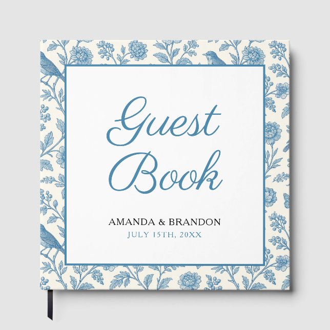 Livro De Visitas Chic Blue Toile de Jouy Floral Border Wedding (Frente)