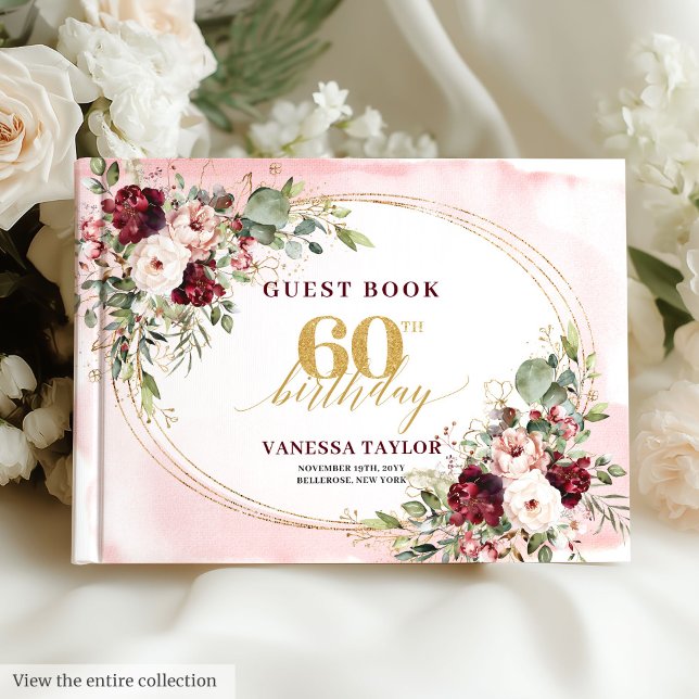 Livro De Visitas Chic Boho Burgundy Gold Frame Floral 60th Birthday (Chic Boho Burgundy Gold Frame Floral 60th Birthday Guest Book)