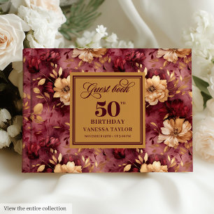 Livro De Visitas Chic Boho Marsala Blush Douradas Flores 50º Aniver