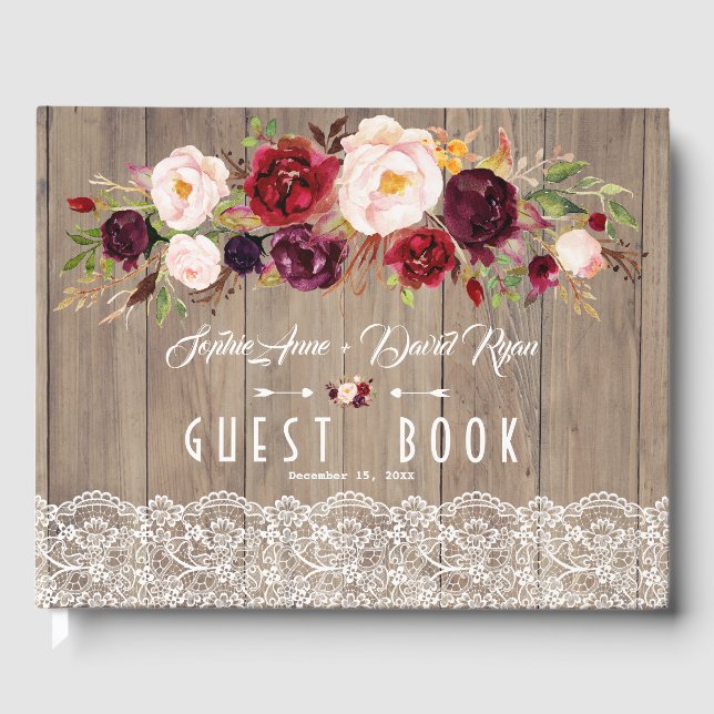 Livro De Visitas Chic Burgundy Blush Flowers Lace Wood Casamento (Frente)