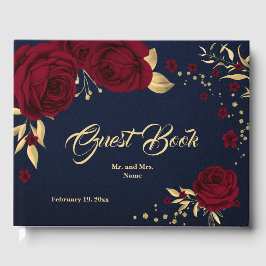 Livro De Visitas chic burgundy ouro floral folhas marinho azul