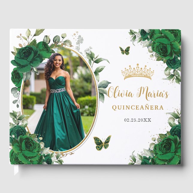 Livro De Visitas Chic Emerald Green Floral Dourada Quinceanera Foto (Frente)