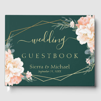 Livro De Visitas Chic Floral Peach Cream Dourado Casamento Emerald