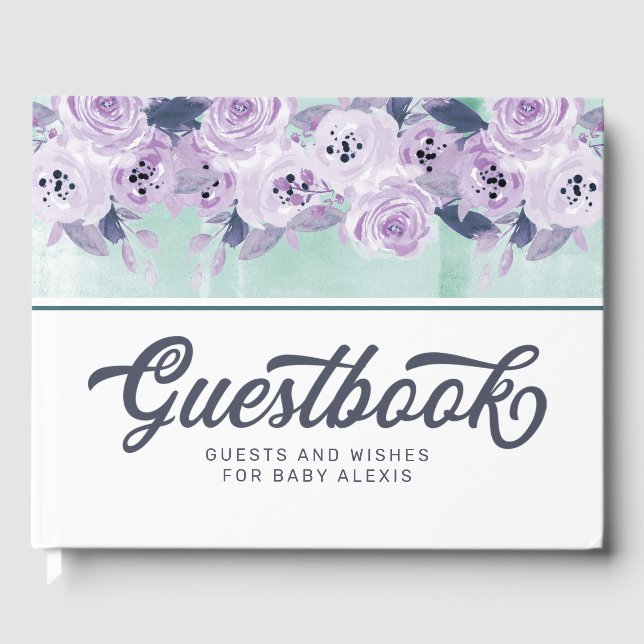Livro De Visitas Chic Roxo & Verde-água Floral Borda Baby Shower (Frente)