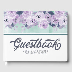 Livro De Visitas Chic Roxo & Verde Água Floral Borda Chã de Bebê