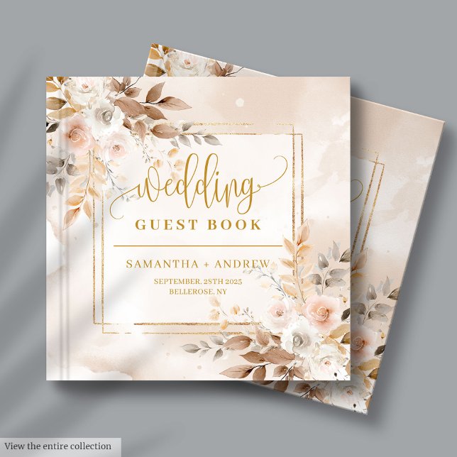 Livro De Visitas Chic Soft Pastel Flores de Outono Dourado Casament (Chic Soft Pastel Autumn Flowers Gold Boho Wedding Guest Book)