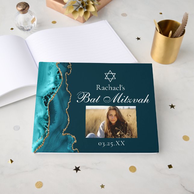 Livro De Visitas Chic Teal Dourado Agate Bar Mitzvah Foto do Partid (Frente aberta)