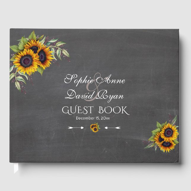 Livro De Visitas Chic Watercolor Sunflower Chalkboard Casamento (Frente)