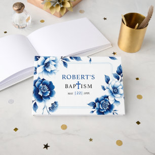 Livro De Visitas Chinoiserie floral azul e batismo de fronteira tri