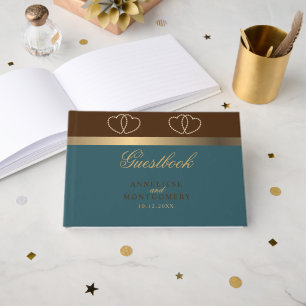 Livro De Visitas Chocolate e Teal Escuro com Corações Dourados