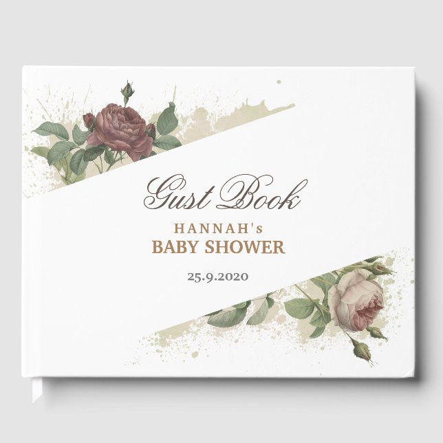 Livro De Visitas Chuva de Bebê Burgundy Floral Rústico Moderna  (Frente)