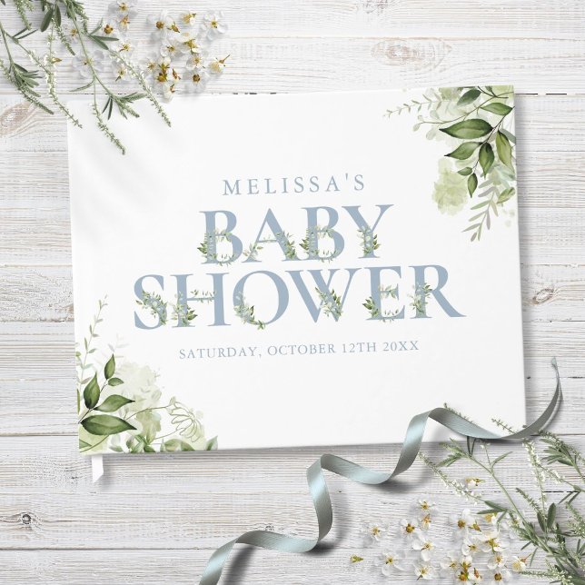 Livro De Visitas Chuva de Bebê Carta Azul Empoeirada com Folhagem (Dusty Blue Greenery Letter Baby Shower Guest Book)