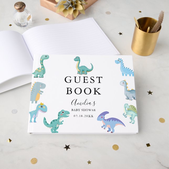 Livro De Visitas Chuva de Bebê de Dinossauro Elegante Branco (Frente aberta)