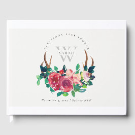 Livro De Visitas Chuva de Bebê Floral Vermelho Rústico Boho Galhada
