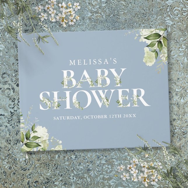 Livro De Visitas Chuva de Letras Verde em Azul Baby Shower (Greenery Letter Dusty Blue Baby Shower Guest Book)