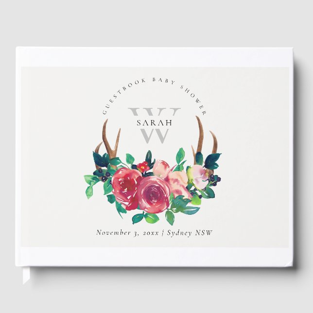 Livro De Visitas Chuveiro de Bebê Floral Vermelho Boho Rústico Galh (Frente)