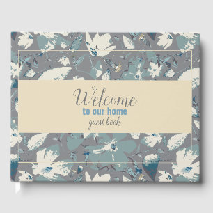 Livro De Visitas Cinza Azul Simples Cream Floral Bem-vindo