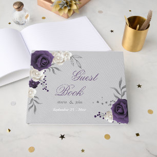 Livro De Visitas cinza de flores brancas roxas empoeiradas