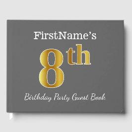 Livro De Visitas Cinza, Faux Dourada 8ª Festa de aniversário + Nome
