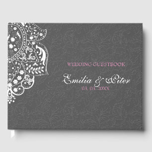 Livro De Visitas Cinza Floral Damask White Mandela