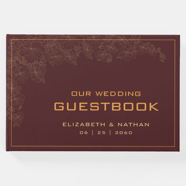 Livro De Visitas Citação de Casamento Burgundy Retro Elegante Doura (Frente)