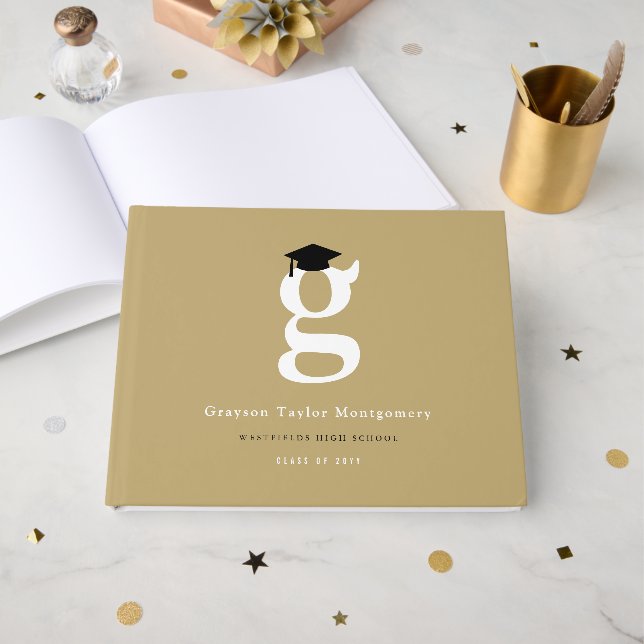 Livro De Visitas Classic Monogram G And Graduation Cap Grad Party (Frente aberta)