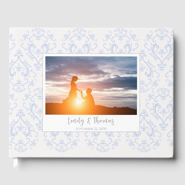 Livro De Visitas Classic Wedding Elegant Damask Pattern Light Blue (Frente)