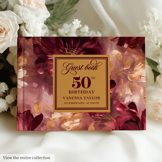 Livro De Visitas Clássico Marsala Esfrega Flores Douradas 50º Anive (Classic Marsala Blush Gold Flowers 50th Birthday Guest Book)