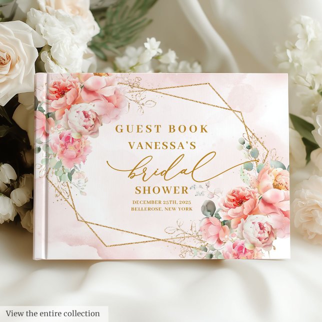 Livro De Visitas Clássico Quadro Dourado Rosado Boho Chás de Bebê N (Classic Blush Gold Frame Roses Bridal Shower Guest Book)