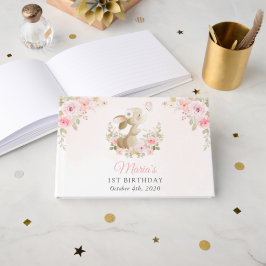 Livro De Visitas Coelho, Borboleta, Flores Rosa, Primeiro Aniversár
