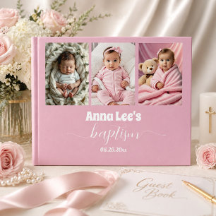 Livro De Visitas Colagem de Fotos de Batismo Moderno Rosa Empoeirad