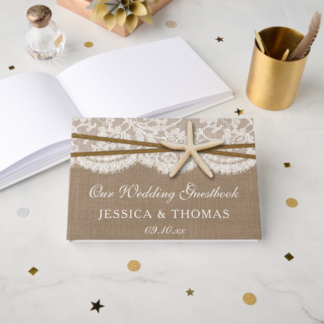 Livro De Visitas Coleção de Casamentos Rustic Starfish Beach (Frente aberta)