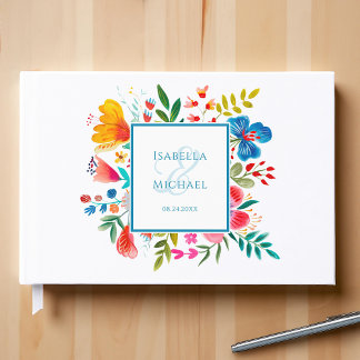 Livro De Visitas Colorido Floral de Flores Silvestres Aquarela Casa
