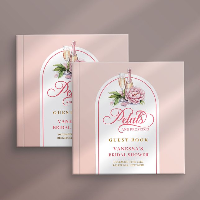 Livro de visitas com pétalas doces e prosecco dour (Sweet petals and prosecco blush gold guest book)