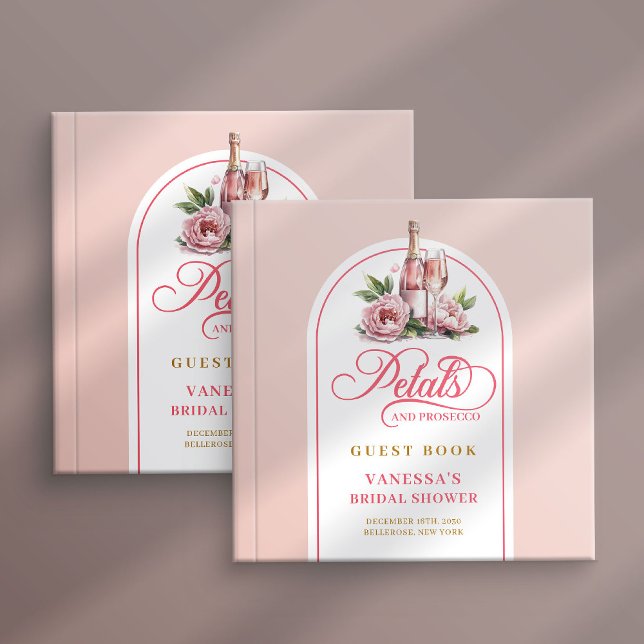 Livro de visitas com pétalas elegantes e prosecco  (Elegant petals and prosecco blush gold guest book)