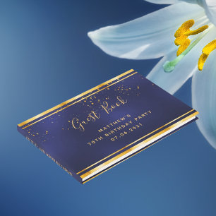 Livro De Visitas confete de ouro azul-escuro com Festa de aniversá