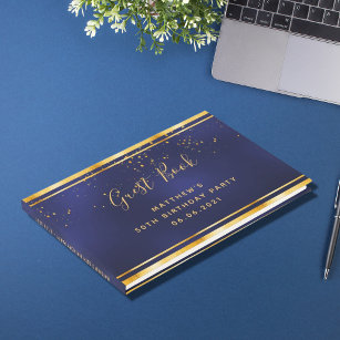 Livro De Visitas confete ouro azul escuro festa de aniversário