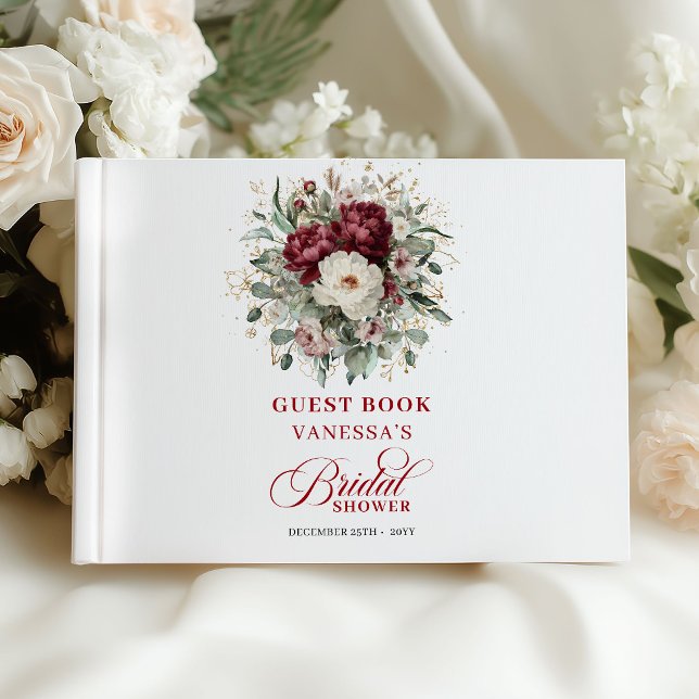 Livro De Visitas Convidadas de Chás de Bebê Florais Sofisticados em (Sophisticated Burgundy Floral Bridal Shower Guest Book)