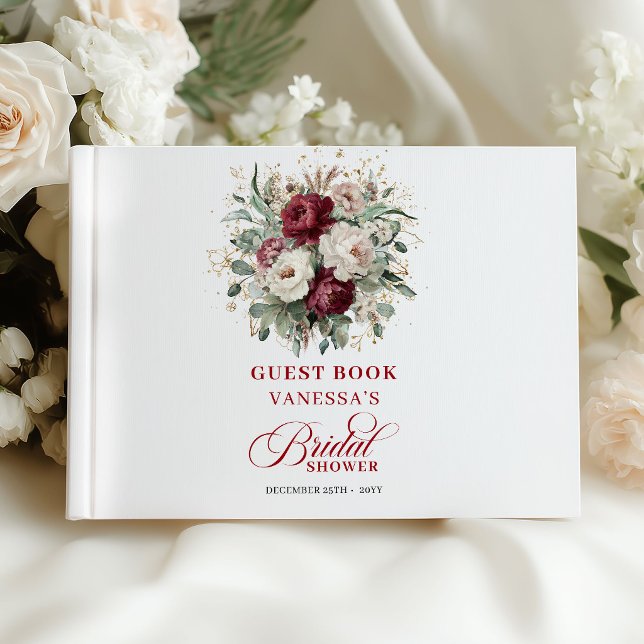 Livro De Visitas Convidado Clássico de Jantar de Noiva Marrom com F (Classic Maroon Floral Gold Bridal Shower Guest Book)