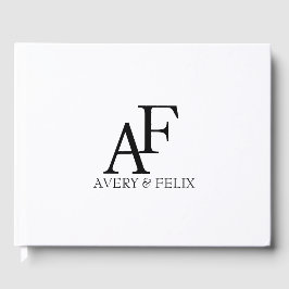 Livro De Visitas Convidado Elegante Branco e Preto do Monograma de