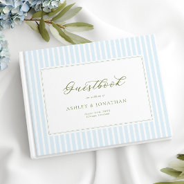 Livro De Visitas Convite de Casamento Listrado Azul e Sage Elegante