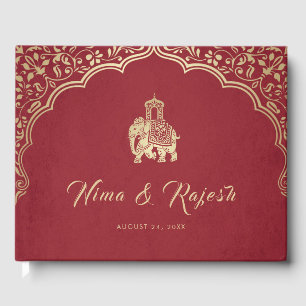 Livro De Visitas Convite para Casamento Indiano, Vermelho, Dourado,